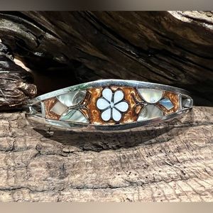Taxco Mexico Alpaca Copper Enamel Daisy Butterflies Cuff Bracelet Abalone MOP M